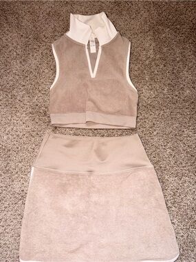 aerie Taupe and Cream Two-Piece Skirt Set - Cropped Top & A-Line Skirt